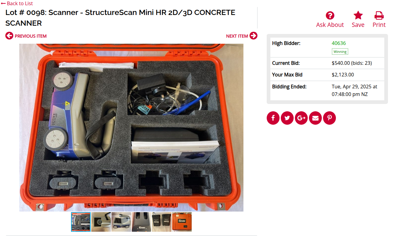 Screenshot of winning auction bid for StructureScan Mini HR concrete scanner at $540